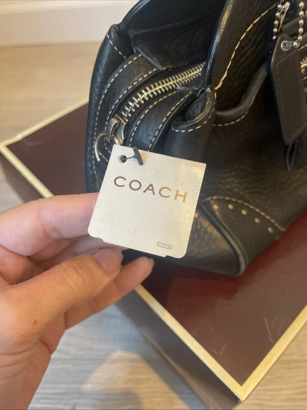 Coach Black Pebbled Leather Double-Handle Shoulder Bag with Stud Detail - Picture 3 of 11